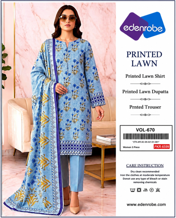 Edenrobe Women's Printed Lawn Dress with Matching Dupatta & Trouser