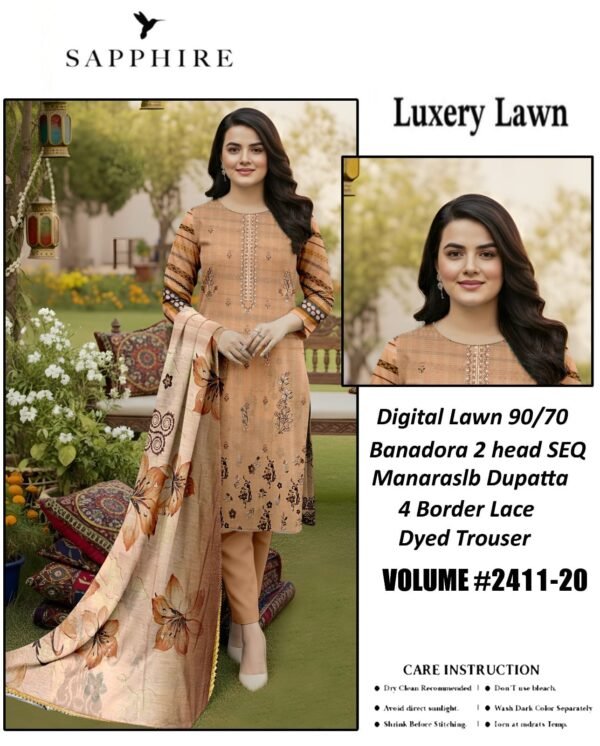 Sapphire Digital Lawn Collection Brown Unstitched Dress for Summer