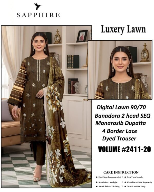 Sapphire Luxury Digital Printed Lawn Suit 3 Piece for Women – Brown Lawn Shirt, Silk Dupatta & Dyed Trouser | Volume 2411-20