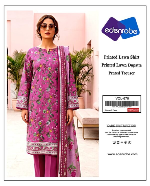 Premium Printed Lawn 3 Piece Unstitched Suit by Edenrobe Vol-670