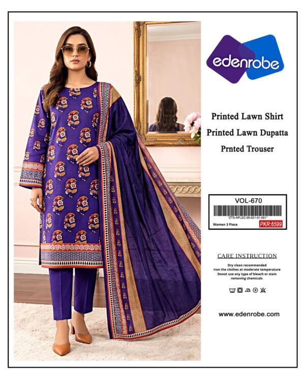 Edenrobe Printed Lawn 3 Piece Suit Vol-670 for Women