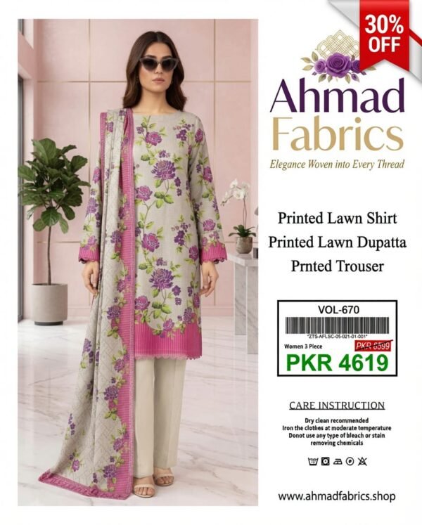 Edenrobe Women's Printed Lawn Dress with Matching Dupatta & Trouser