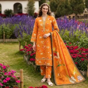 Elegant Floral Lawn Suit with Printed Lawn Dupatta
