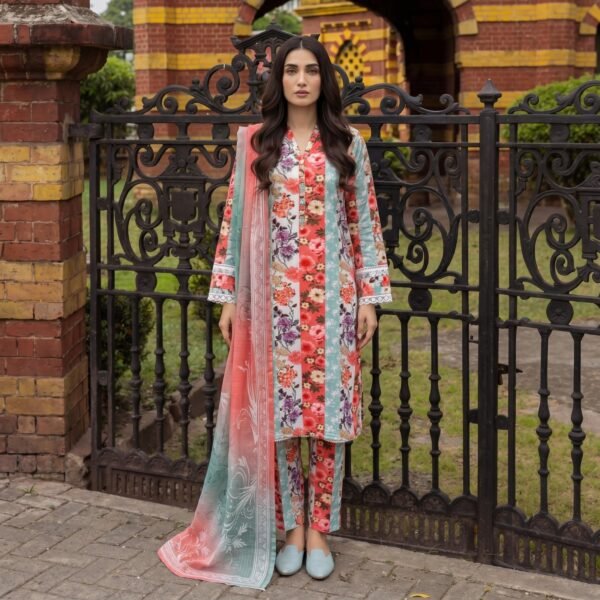 Elegant Floral Lawn Suit with Printed Lawn Dupatta